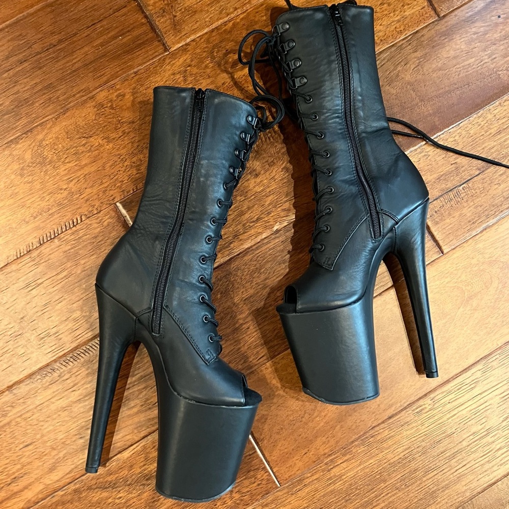 Real Leather Pleaser Black Platform Boots with Peep-Toe, Size 6 US, 8 inch